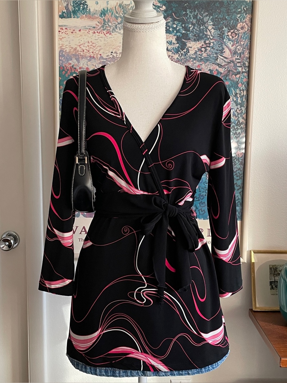 Vintage Y2K Wrap Top Women's Medium Black Pink Swirl Print Boho Whimsigoth Party